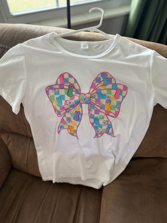 Tops - Womens White Tee with Pastel Bow Graphic